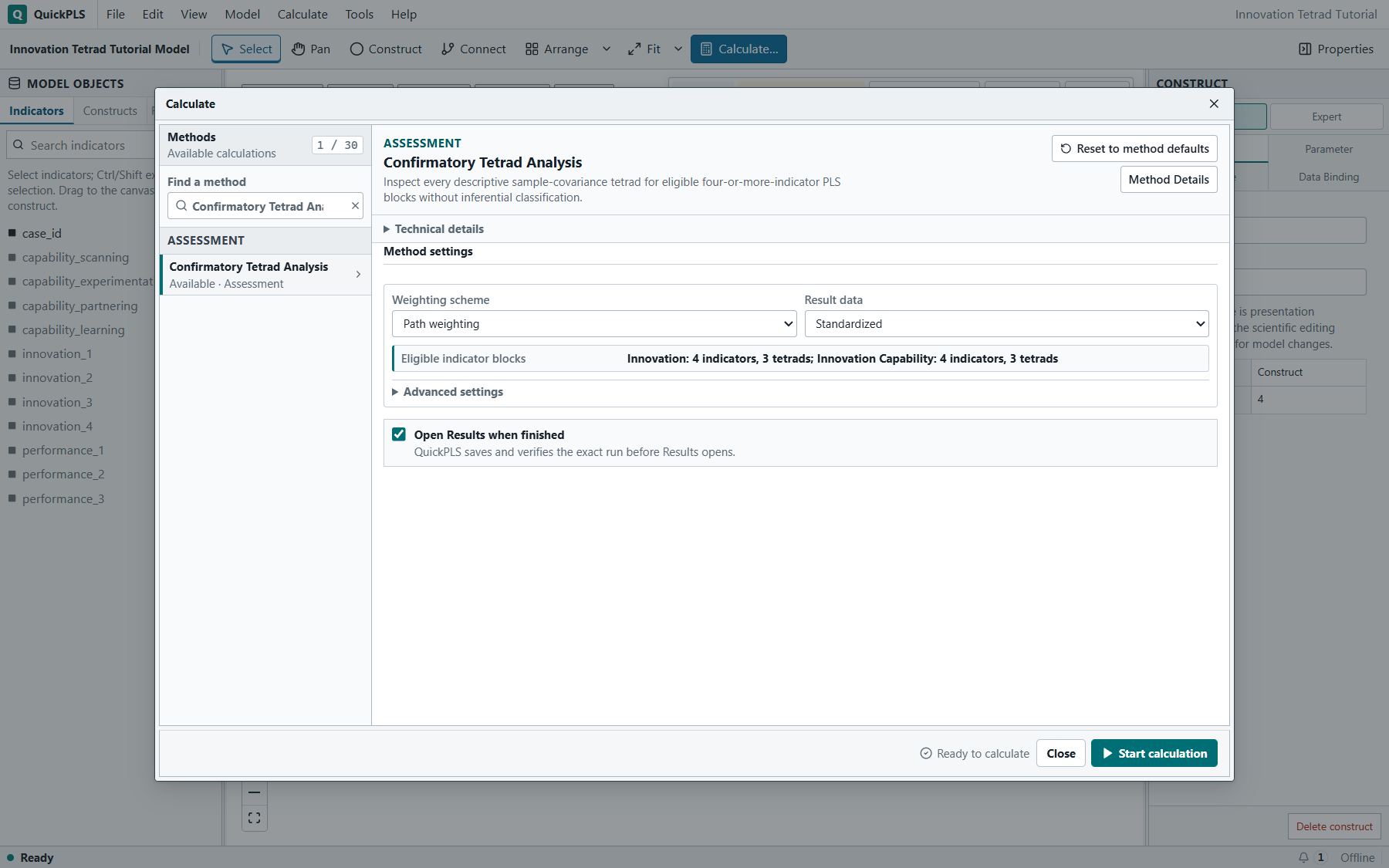 Confirmatory Tetrad Analysis: Correct method and required settings are visible