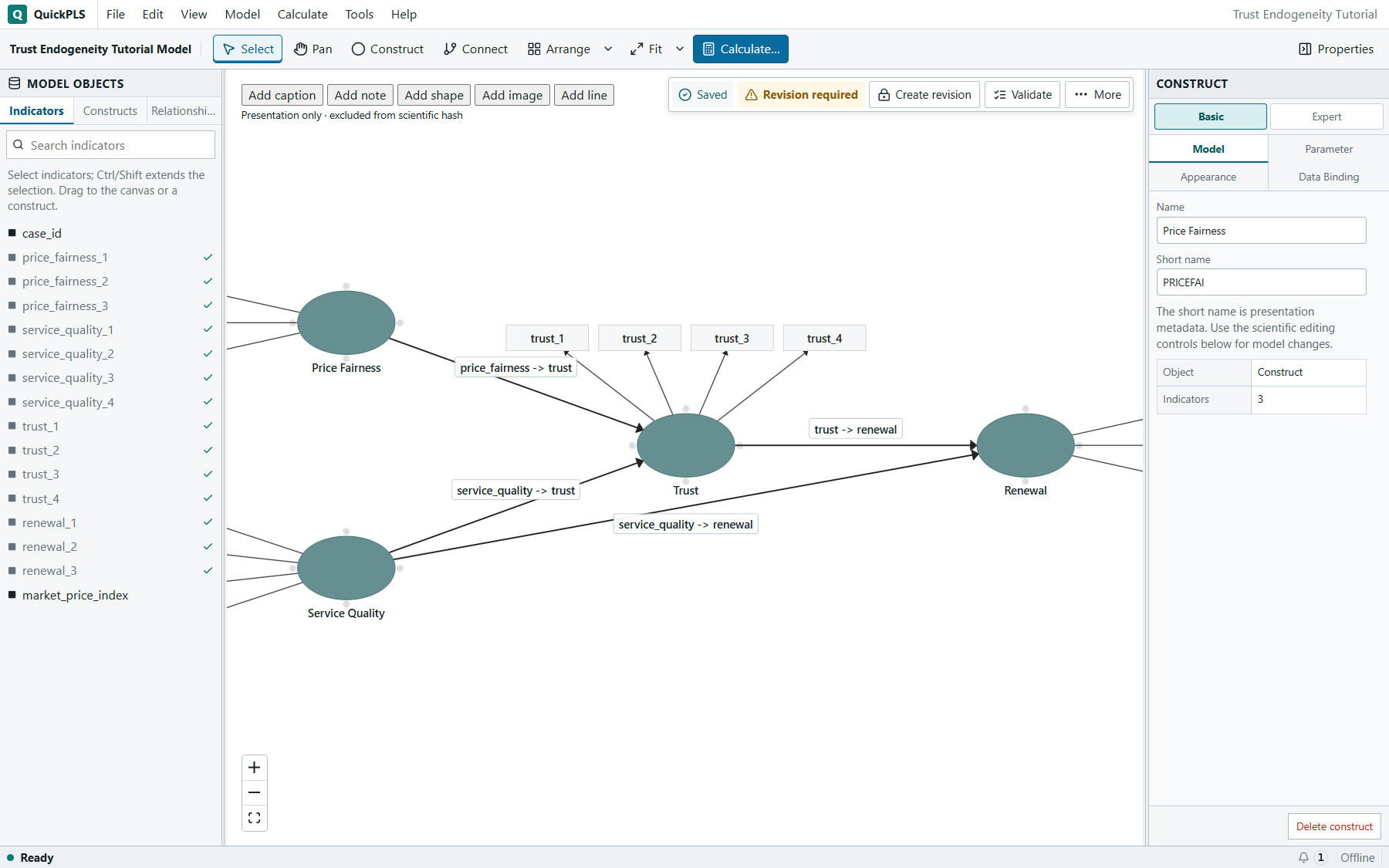 Gaussian-copula endogeneity: The prepared project opens with its saved, neatly arranged model diagram