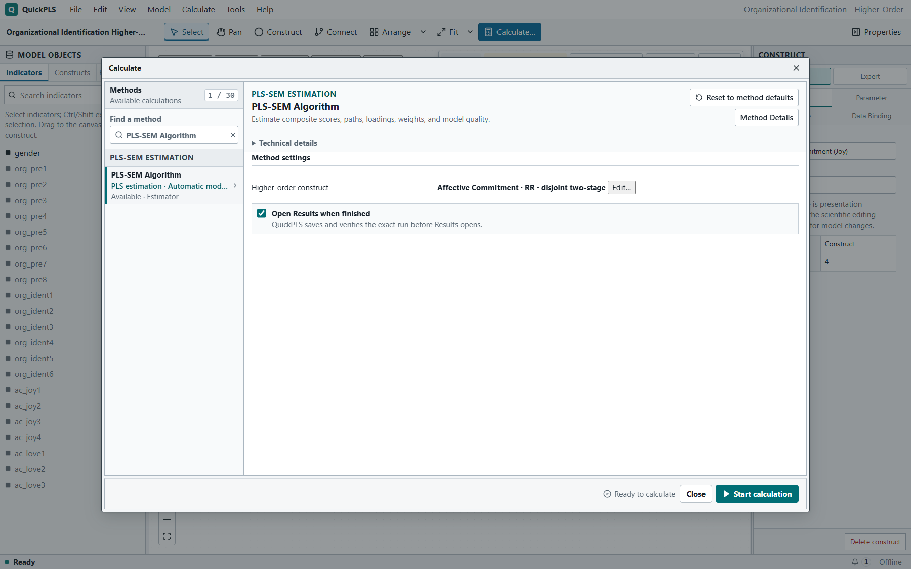 Higher-order models: Correct method and required settings are visible