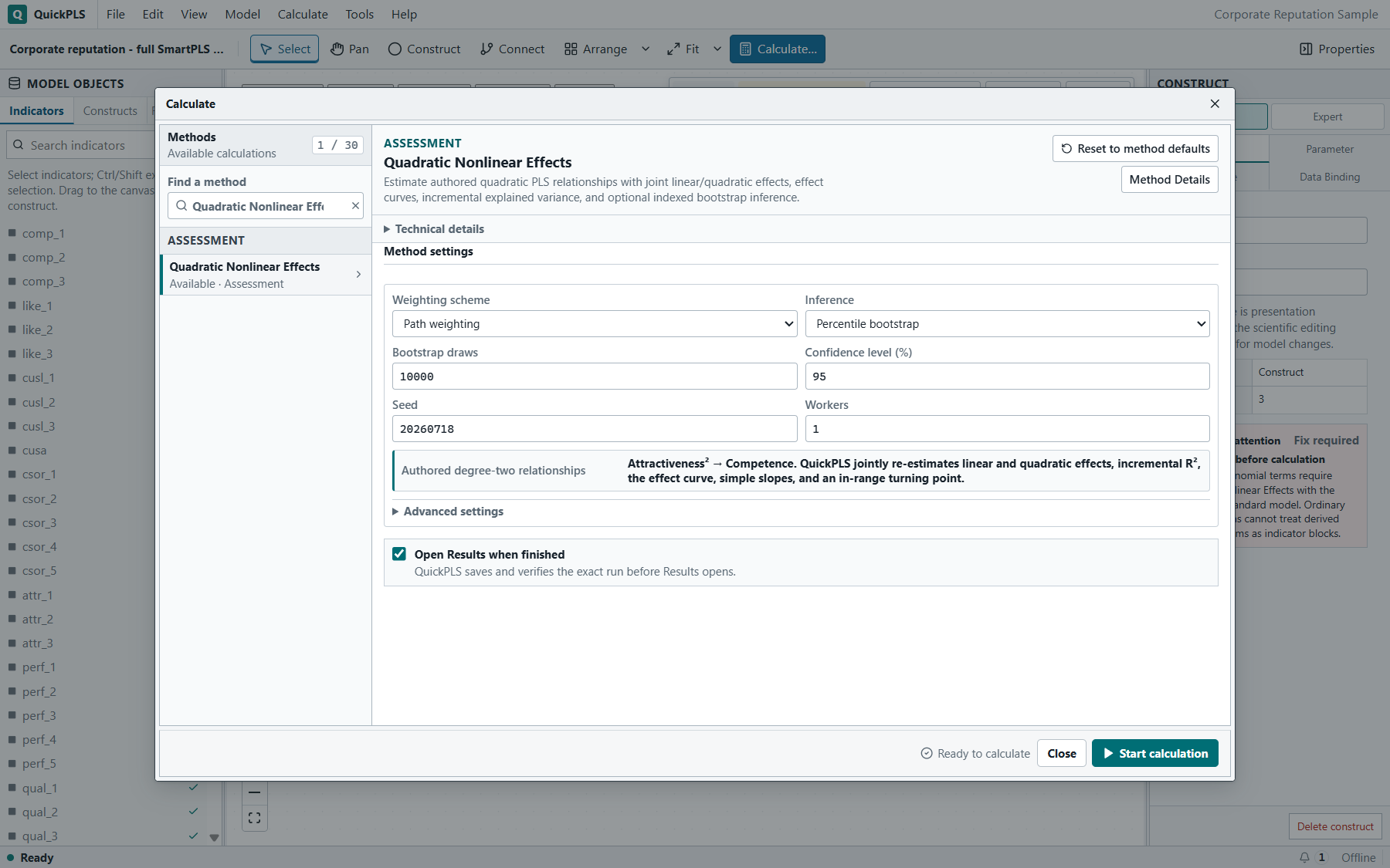 Nonlinear relationships: Correct method and required settings are visible