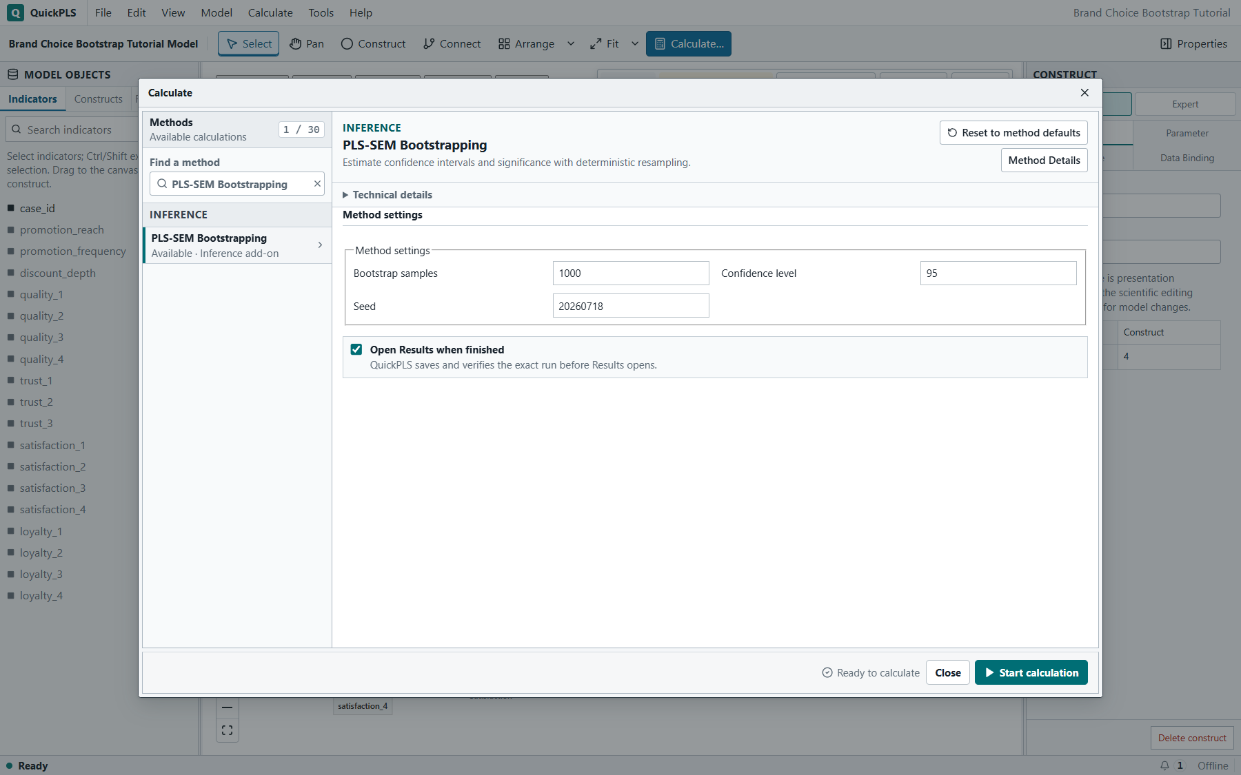 PLS-SEM Bootstrapping: Correct method and required settings are visible