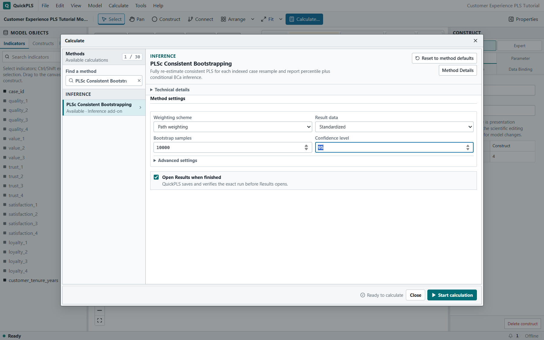 PLSc Consistent Bootstrapping: Correct method and required settings are visible